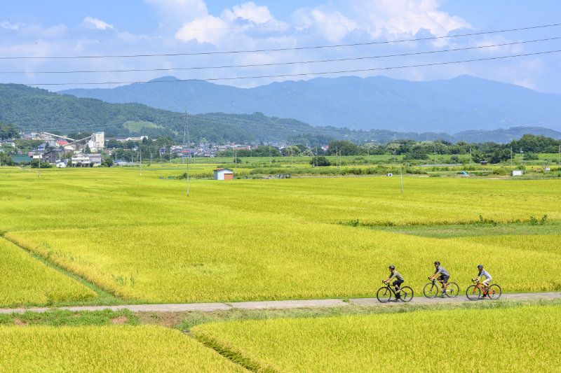 Riding farm roads with views of the Sekida Mountains